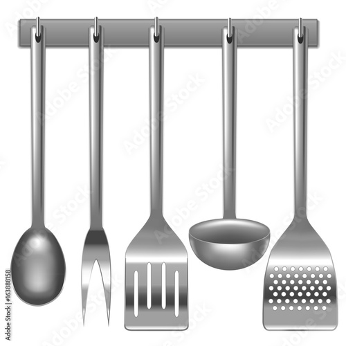 Realistic Metal Kitchen Utensils Set. Vector