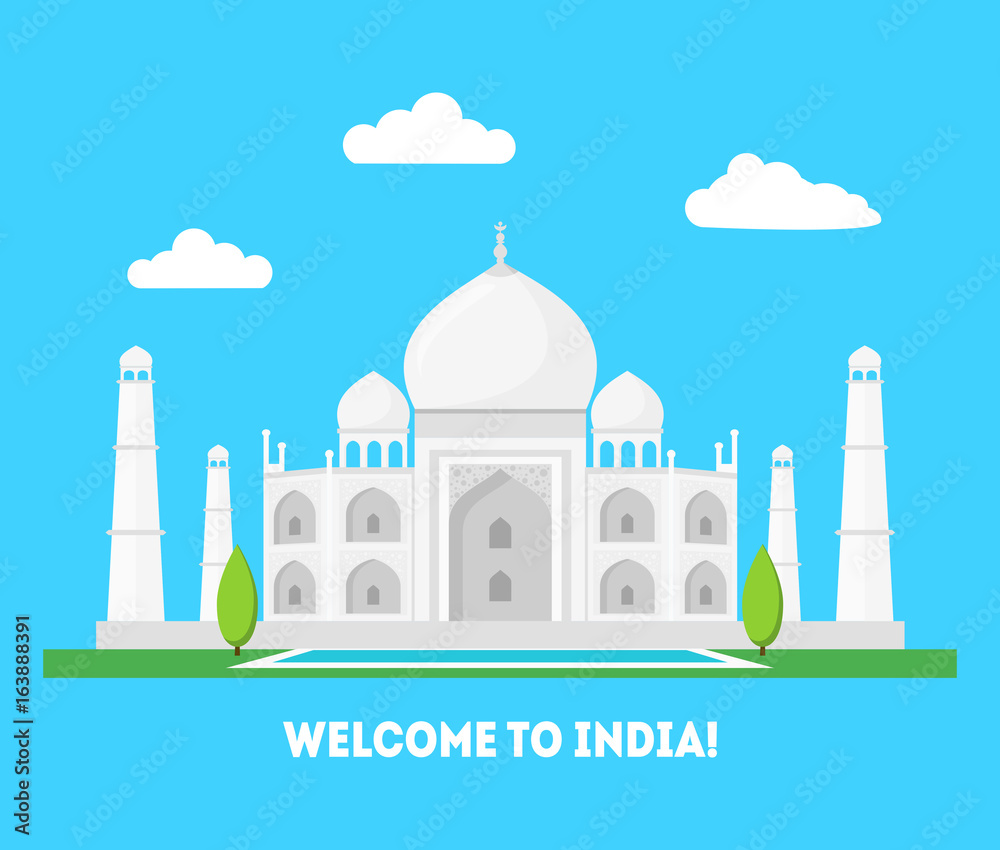 Cartoon Taj Mahal Symbol of India Background Tourism Concept. Vector