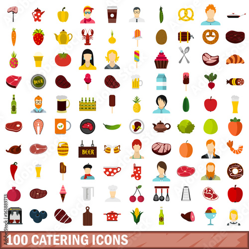 100 catering icons set, flat style