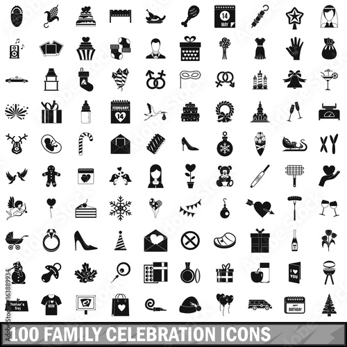 100 family celebration icons set, simple style 