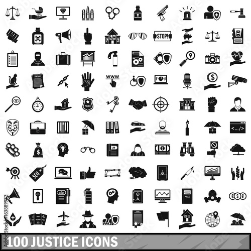 100 justice icons set, simple style 