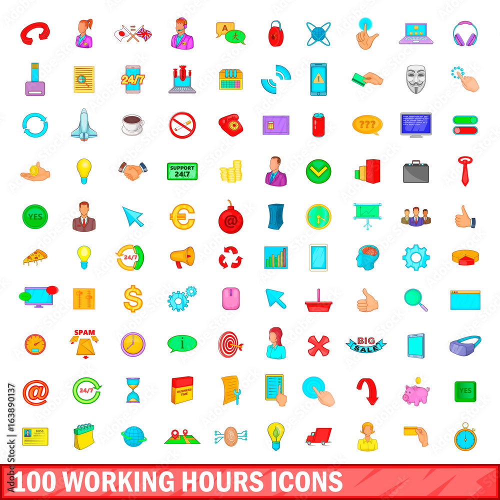 100 working hours icons set, cartoon style 100 working hours icons set, cartoon style