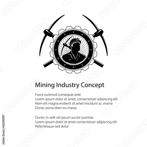 Poster of the Mining Industry, Miner Holding a Pickax in a Gear with Two Crossed Pickaxes , Label and Badge Mine Shaft on a Light Background and Text, Flyer Brochure Design, Vector Illustration