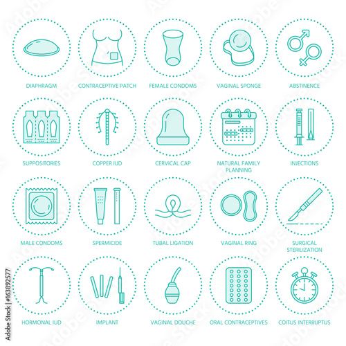 Contraceptive methods line icons. Birth control equipment, condoms, oral contraceptives, iud, barrier contraception, vaginal ring, sterilization. Safe sex thin linear signs for medical clinic.
