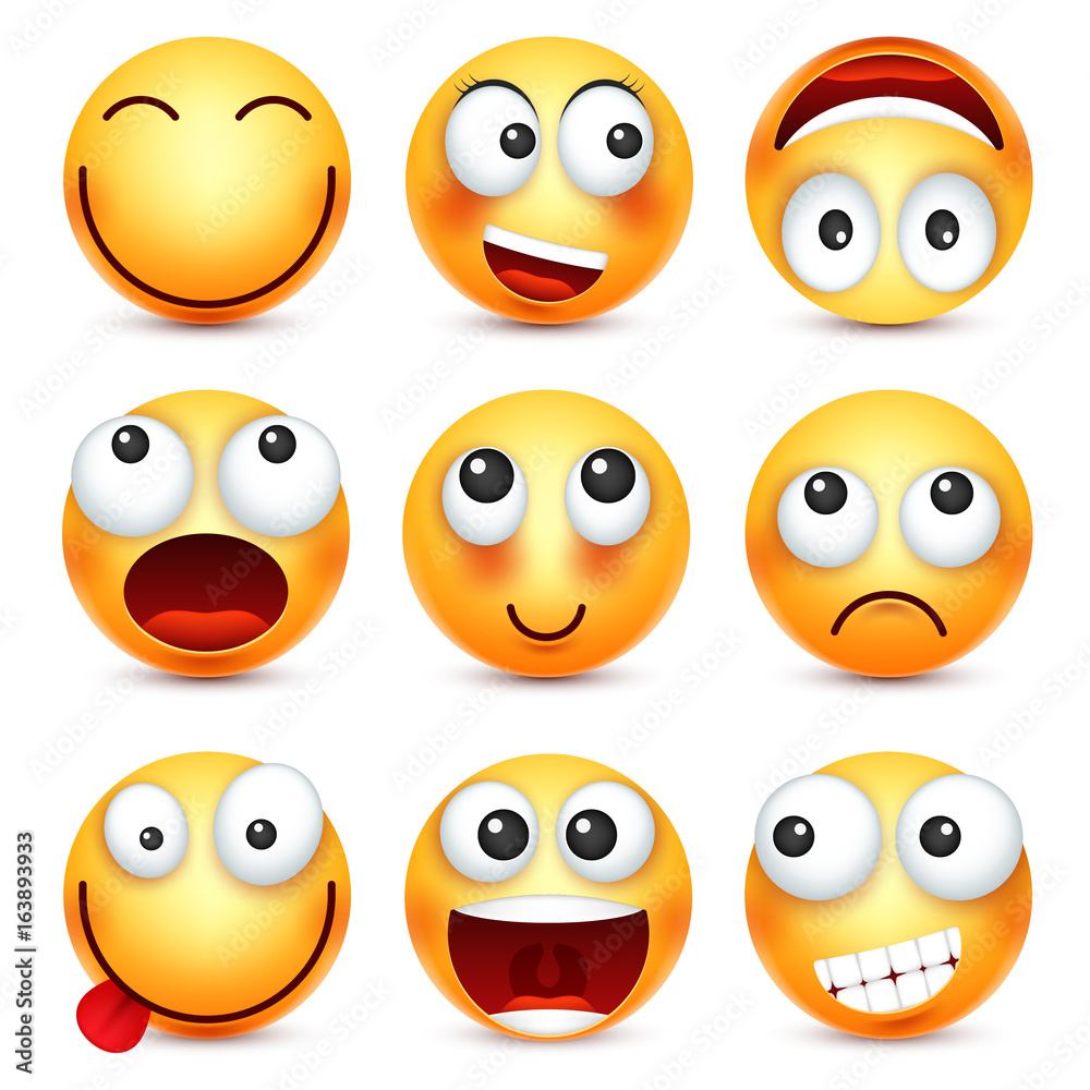 Smiley,emoticon set. Yellow face with emotions. Facial expression. 3d realistic emoji. Sad,happy,angry faces.Funny cartoon character.Mood. Web icon. Vector illustration. Smiley,emoticon set. Yellow face with emotions. Facial expression. 3d realistic emoji. Sad,happy,angry faces.Funny cartoon character.Mood. Web icon. Vector illustration.