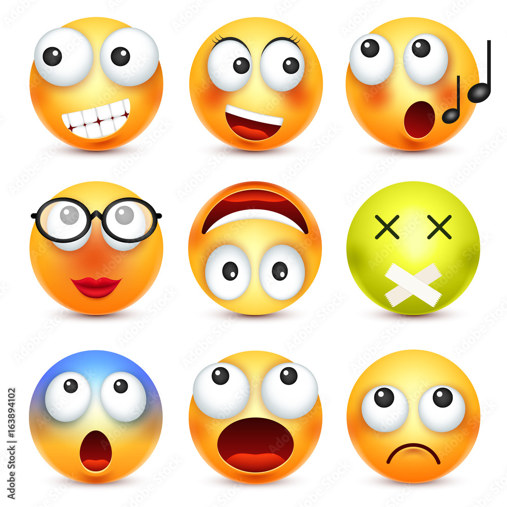 Smiley,emoticon set. Yellow face with emotions. Facial expression. 3d realistic emoji. Sad,happy,angry faces.Funny cartoon character.Mood. Web icon. Vector illustration. Smiley,emoticon set. Yellow face with emotions. Facial expression. 3d realistic emoji. Sad,happy,angry faces.Funny cartoon character.Mood. Web icon. Vector illustration.