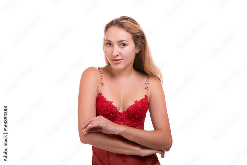 portrait of young beautiful blonde woman in red underwear posing isolated over white background portrait of young beautiful blonde woman in red underwear posing isolated over white background