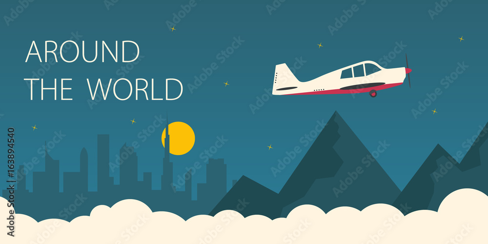 Around the world flat illustration. Plane flying around the world.