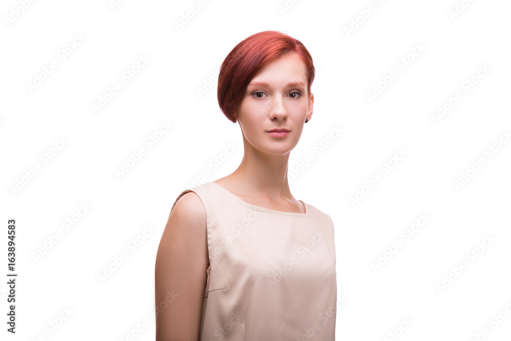 Portrait of redhead woman looking at camera. White background,isolated Portrait of redhead woman looking at camera. White background,isolated