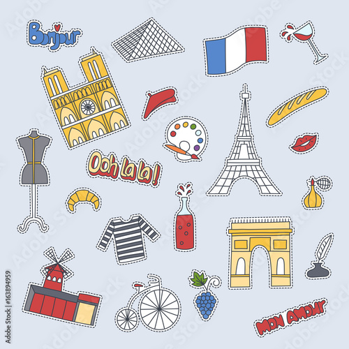 Hand drawn patch badges with France symbols - Eiffel tower Moulin Rouge Triumphal arch, champagne bike flag croissant beret perfume. Stickers, pins and patches in cartoon 80s-90s comic style