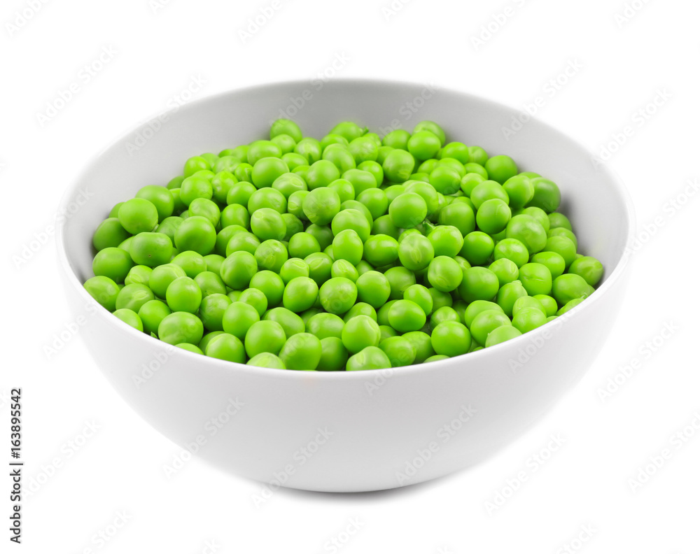 Bowl with fresh green peas on white background Bowl with fresh green peas on white background
