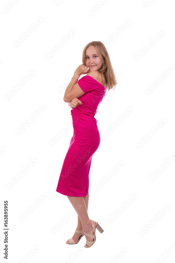 dreaming sexy young lady in pink dress on white background dreaming sexy young lady in pink dress on white background