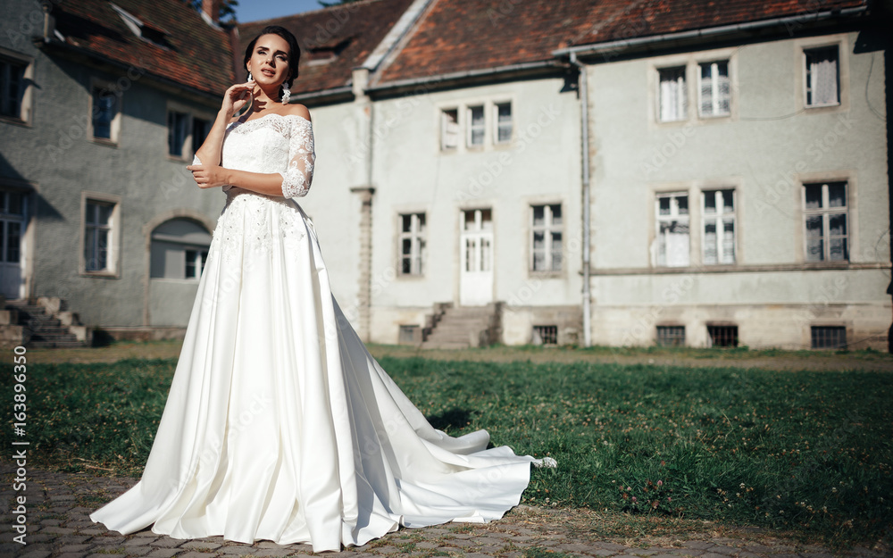 Beautiful bride in a gorgeous wedding dress from the designer against the background of the medieval castle