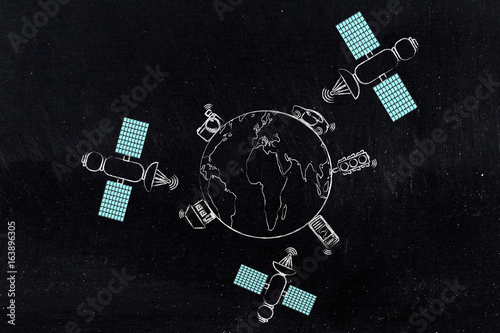 satellites orbiting around the planet connecting with devices
