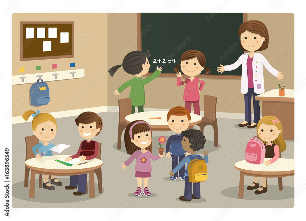 Pupils and teacher starting class at school Pupils and teacher starting class at school