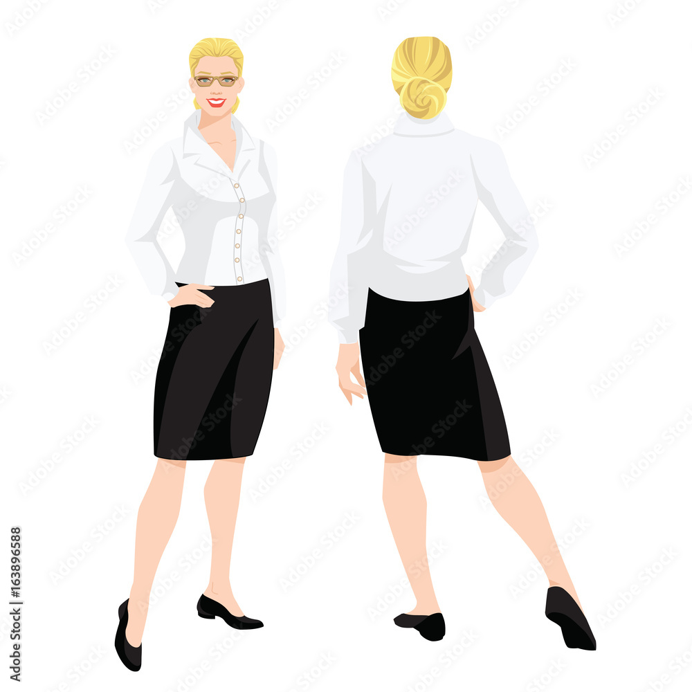 Vector illustration of woman in formal black skirt, white blouse and shoes on flat heel on white background. Various turns woman's figure. Front view and back view. Vector illustration of woman in formal black skirt, white blouse and shoes on flat heel on white background. Various turns woman's figure. Front view and back view.