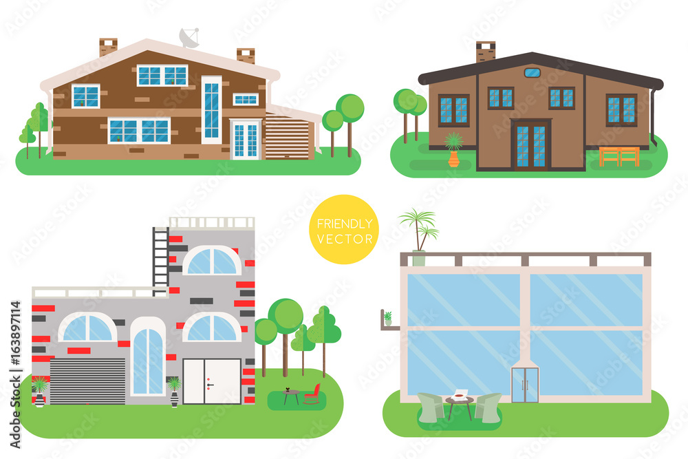 House vector illustration. Home exterior set in flat style. Modern and traditional house.