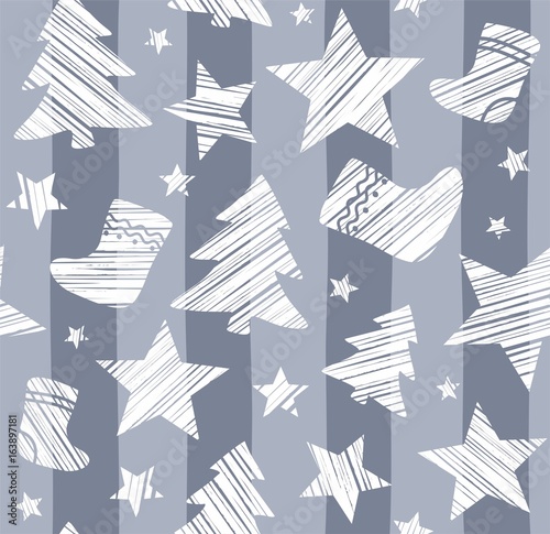 Christmas background, sock, star, tree, seamless, gray, vector. Christmas trees, socks and stars are drawn with a diagonal stroke. White figures on a gray striped background. 