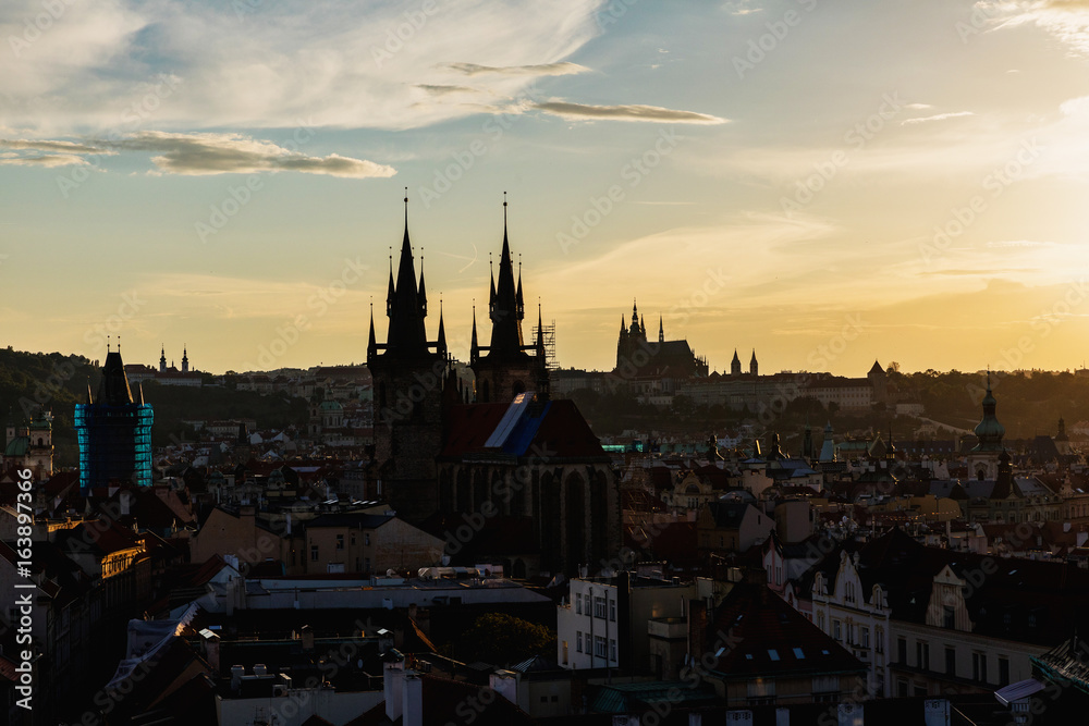 Prague, Czech Republic. Silhouettes of towers and castle.