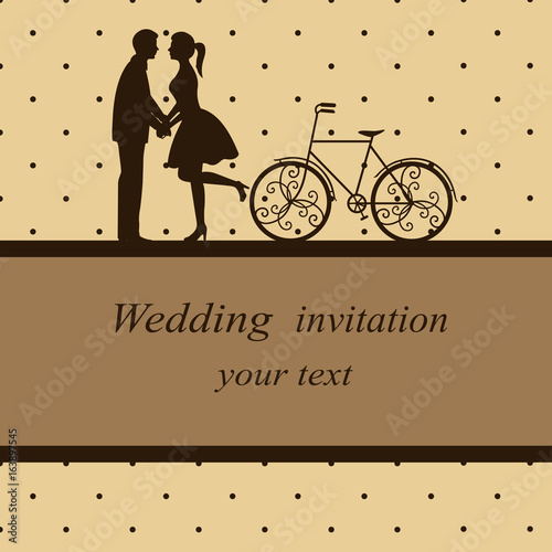 Invitation card with newlyweds on a bicycle.