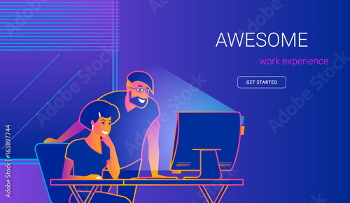 Creative office man showing new website to woman at work desk. Gradient line vector illustration of people with pc. Project presentation to colleague, business brainstorming, teamwork and team skills