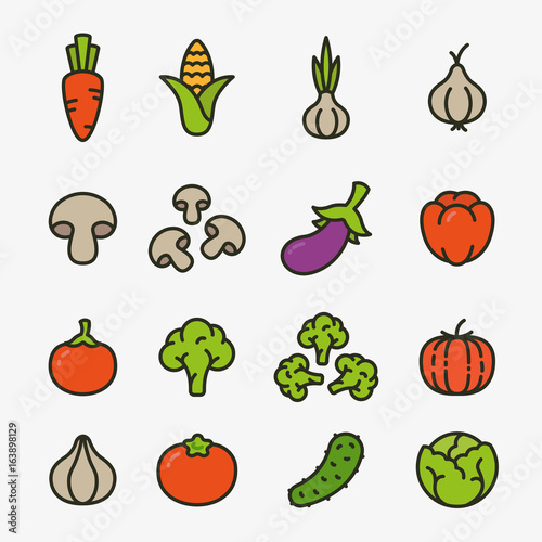 Vegetables Organic Vegetarian Food Color Flat Line Icon Collection. Carrot, Corn, Garlic, Onion, Mushroom, Bell pepper, Broccoli, Pumpkin, Cucumber, Cabbage.