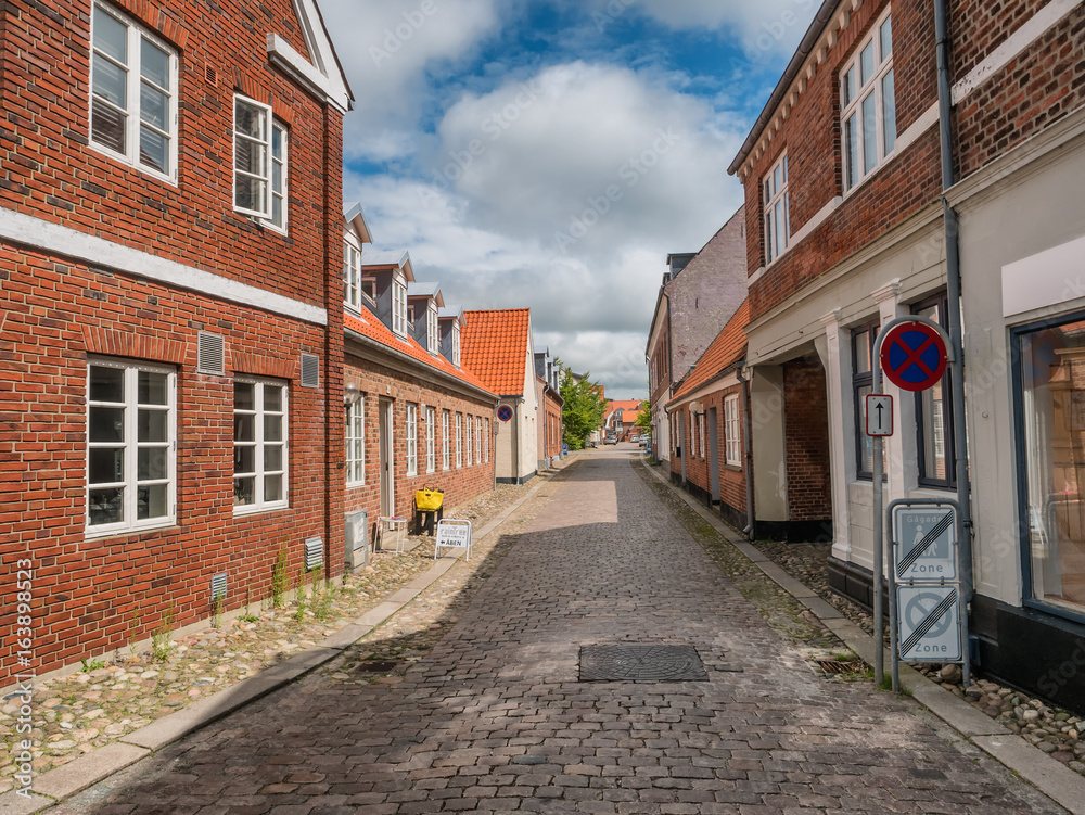 Traditional homes with cobbled streets in Ringkobing, Denmark