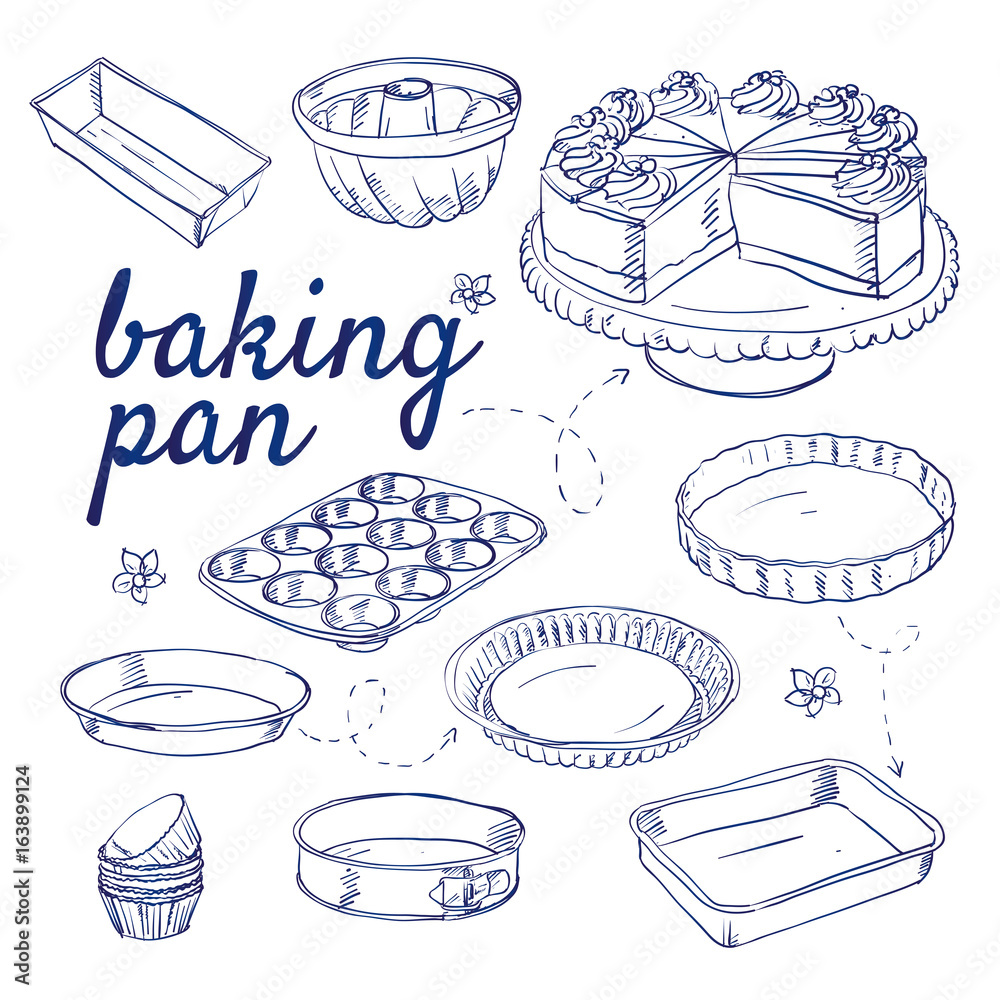 Doodle set of bake ware - baking cups, equipment, dish, bowl, tin, cake  plate, muffin, gateau, hand-drawn. Vector sketch illustration isolated over  white background. Stock Vector | Adobe Stock