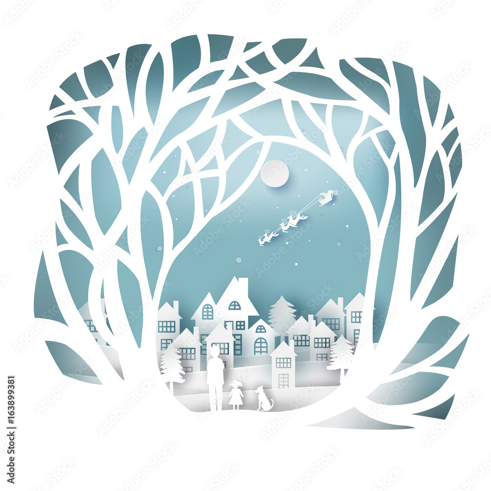paper art landscape of Christmas and happy new year with tree and house design. vector illustration