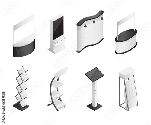 Isometric gradient exhibition stands vector icons set. Trade show objects set