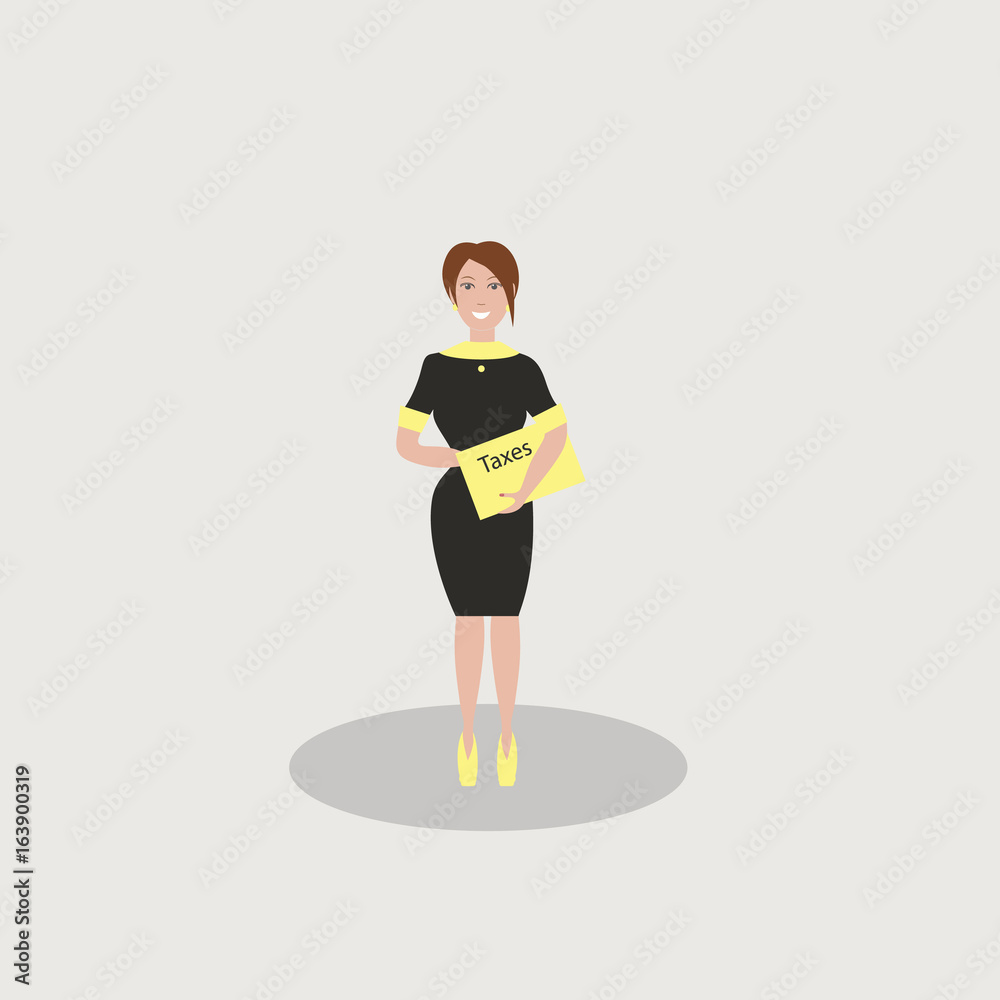  A cute sexy female-accountant in a black dress with a yellow folder labeled 