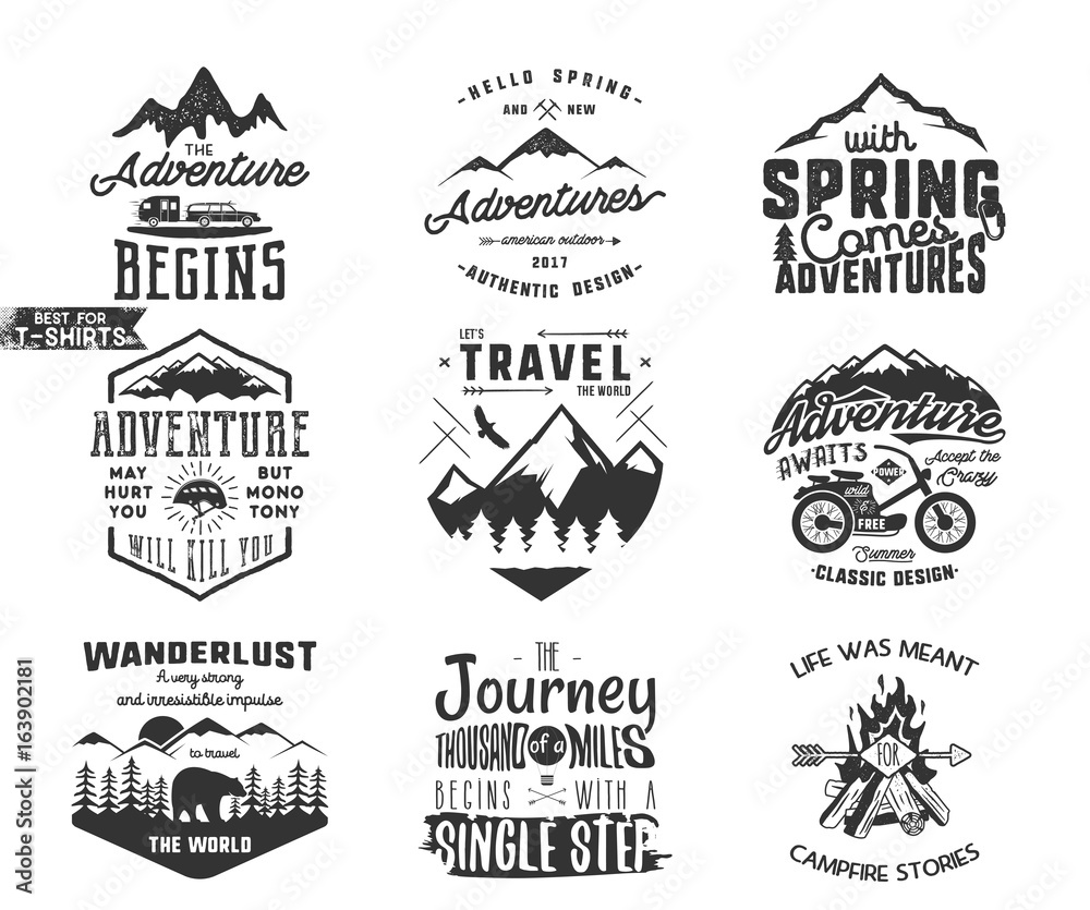 Spring adventure and mountain explorer typography labels set. Outdoors activity inspirational insignias. Silhouette hipster style. Best for t shirts, mugs. patches isolated on white background