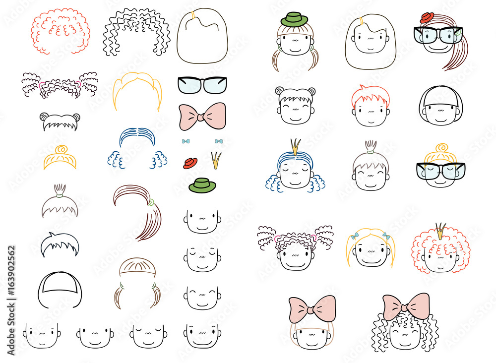 Collection of hand drawn vector doodles of cute funny girls heads with different hairstyles and trendy accessories.
