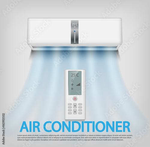 Realistic air conditioner with remote control isolated on gray Wall Background. Air conditioner vector illustration