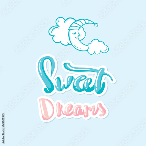 Vector illustration of wish good night on sky background with moon. Art design for web, site, advertising, banner, poster, flyer, brochure, board, card, paper print