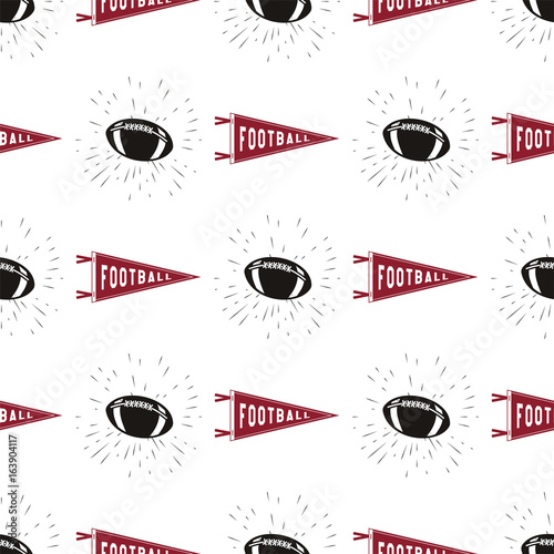 American football seamless pattern with sports symbols - ball, pennant, star lights and tpography elements. Stock vector background, wallpaper