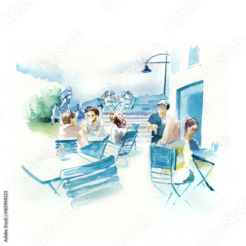 Watercolor illustration of an outdoor New Zealand Cafe photo
