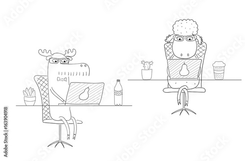 Hand drawn black and white vector illustration of a funny sheep and moose as office workers, at the desk with a laptop.