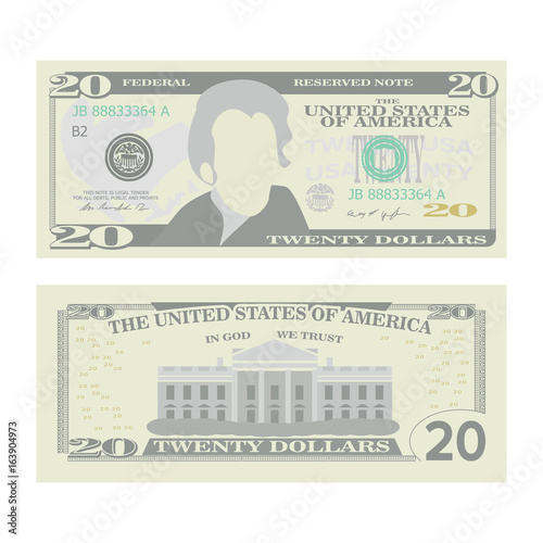 20 Dollars Banknote Vector. Cartoon US Currency. Two Sides Of Twenty American Money Bill Isolated Illustration. Cash Symbol 20 Dollars
