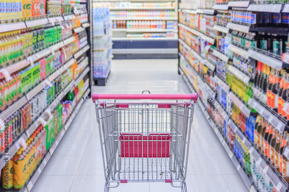 abstract blurred photo of trolley in department store bokeh background shopping cart in supermarket