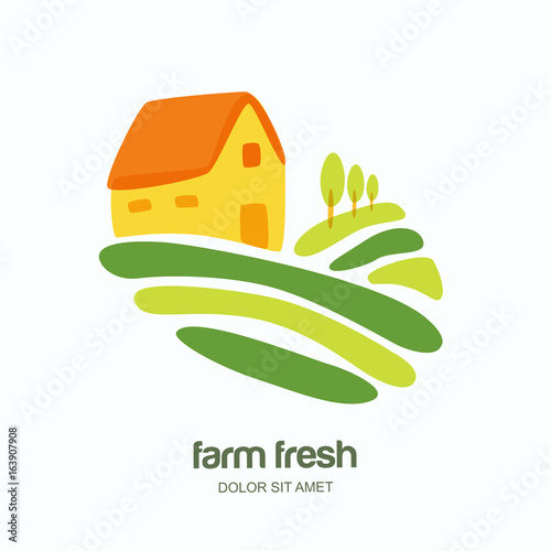 Farm and farming vector logo, label, emblem design. Isolated illustration of fields, farm landscape and rural house. Concept for agriculture, harvesting, natural farm, organic products.