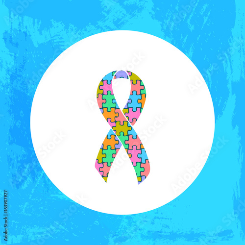 Awareness Puzzle ribbon. Autism, Asperger's Syndrome. Isolated icon. Watercolor painted background.