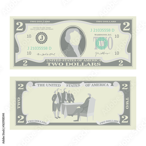 2 Dollars Banknote Vector. Cartoon US Currency. Two Sides Of Two American Money Bill Isolated Illustration. Cash Symbol 2 Dollars