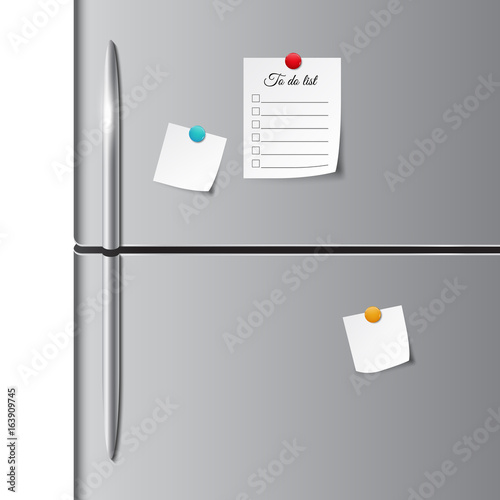 Fridge doors and empty paper note, sticker, and to do list