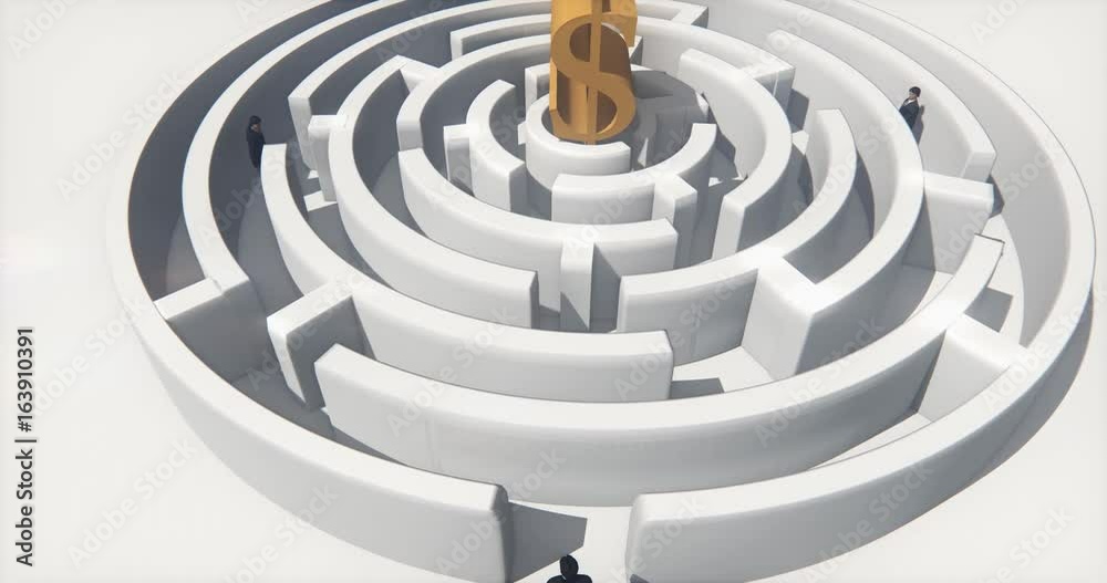 4k golden dollars symbol in the center of maze,businessman Standing in the labyrinth entrance. 4k golden dollars symbol in the center of maze,businessman Standing in the labyrinth entrance.