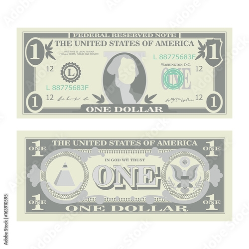 1 Dollar Banknote Vector. Cartoon US Currency. Two Sides Of One American Money Bill Isolated Illustration. Cash Symbol 1 Dollar