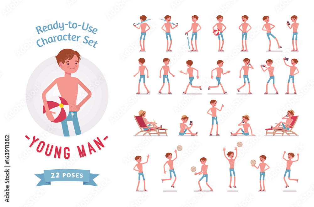 Ready-to-use young man in swimwear character set, various poses and emotions