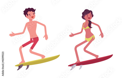 Young man, woman in summer beach outfit, surfing taking off