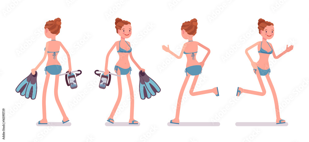 Walking and running young woman with mask and flippers set Walking and running young woman with mask and flippers set