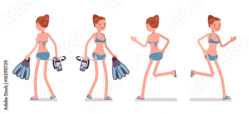Walking and running young woman with mask and flippers set